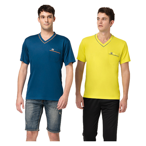 男款湛海藍/螢光黃V領排汗短T恤-AK21601 ＆  AK15615